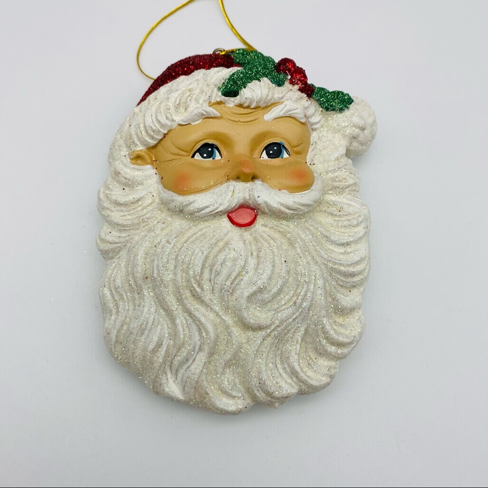 Vintage Santa Face Resin Ornament Glitter Accent Holly Berry's
